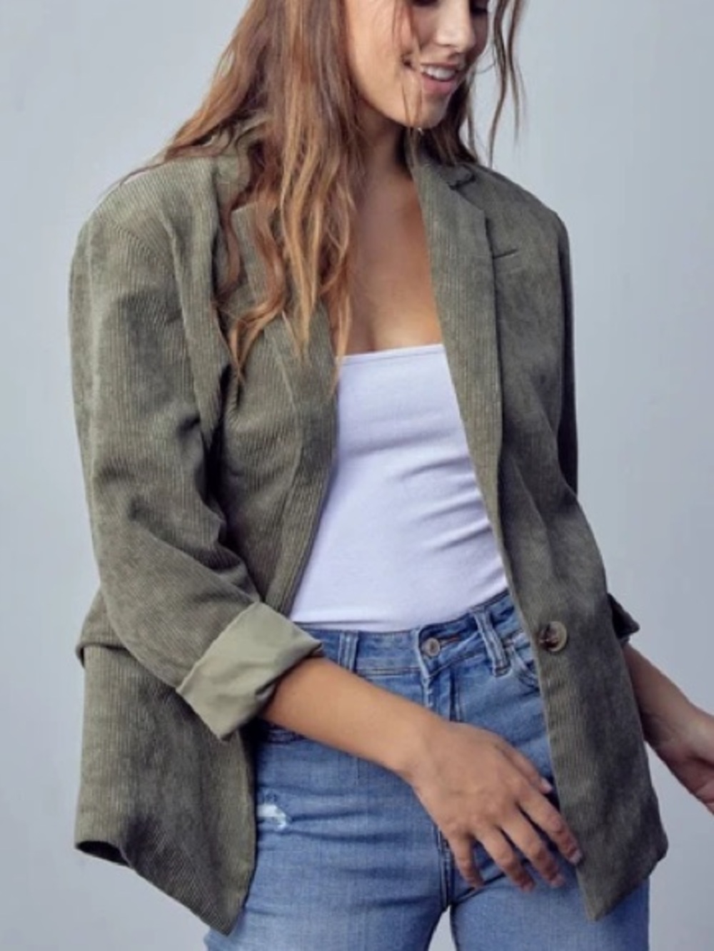 Aaron & Amber Olive Green Corduroy Single-Button Blazer